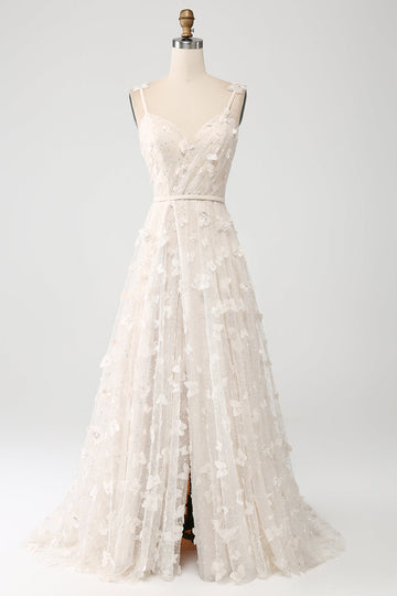 Aprikos A Line Spaghetti Remmar Applikationer Lång Wdding Klänning med Slits